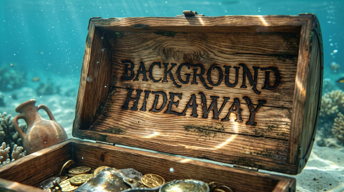 Open underwater treasure chest with Background Hideaway lettering