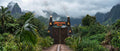 Jurassic Park panoramic jungle background with entrance and misty mountains