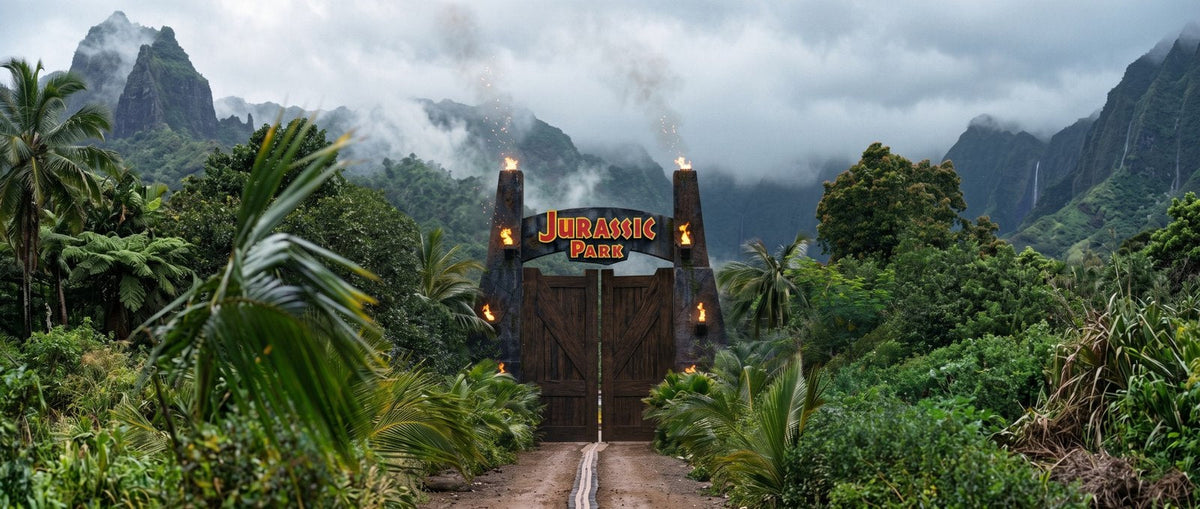 Jurassic Park panoramic jungle background with entrance and misty mountains