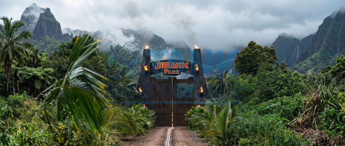 Jurassic Park panoramic jungle background with entrance and misty mountains