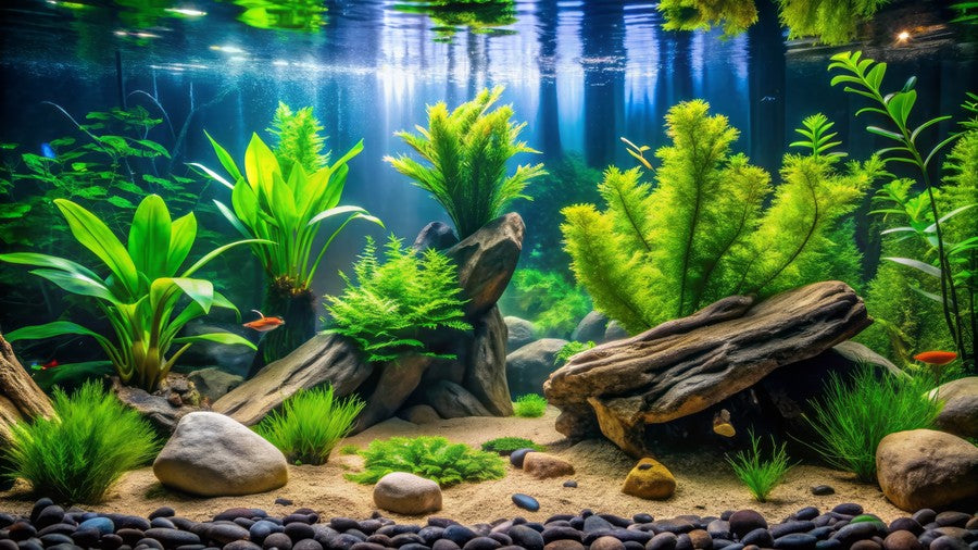 Bright Green Plants with Driftwood aquarium background