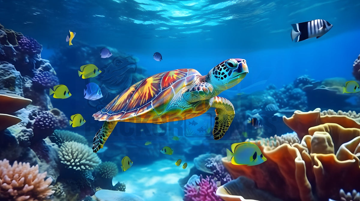 Colorful Sea Turtle with Friends aquarium background