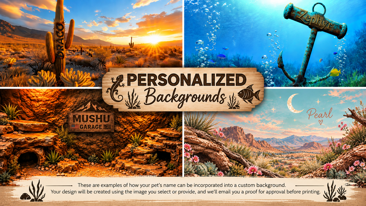 Personalized aquarium and terrarium background examples with pet names